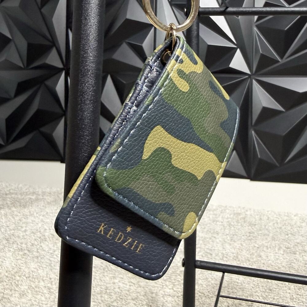 Kedzie Card ID Holder Vegan Leather with Classic Keyring Green Camouflage / Blue